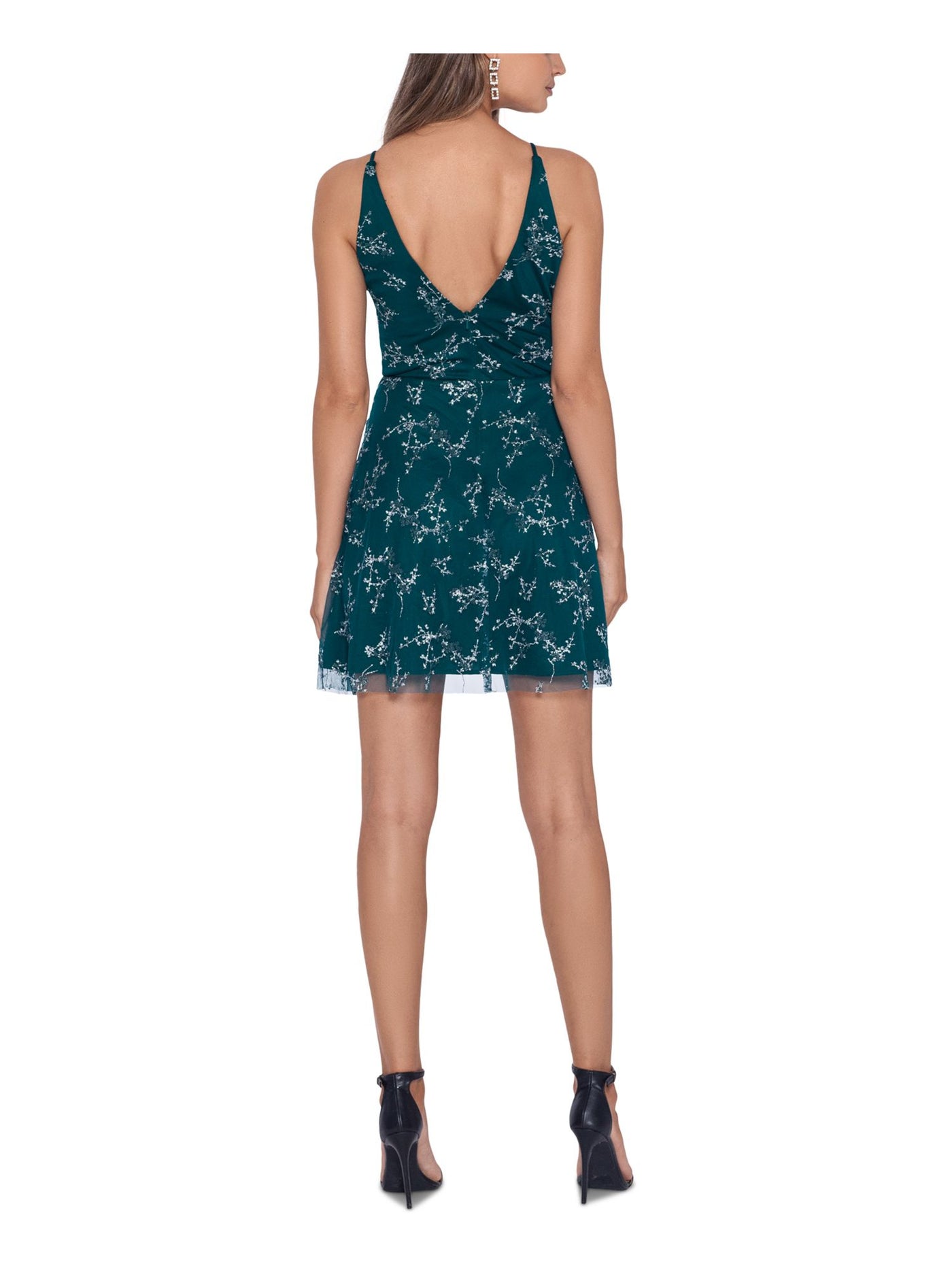 BLONDIE NITES Womens Green Embellished Zippered Sleeveless V Neck Short Party Fit + Flare Dress Juniors 5