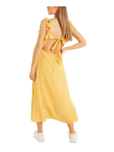 QUIZ Womens Yellow Ruffled Zippered Open Back Tie Detail Lined Sleeveless Square Neck Tea-Length Fit + Flare Dress 4