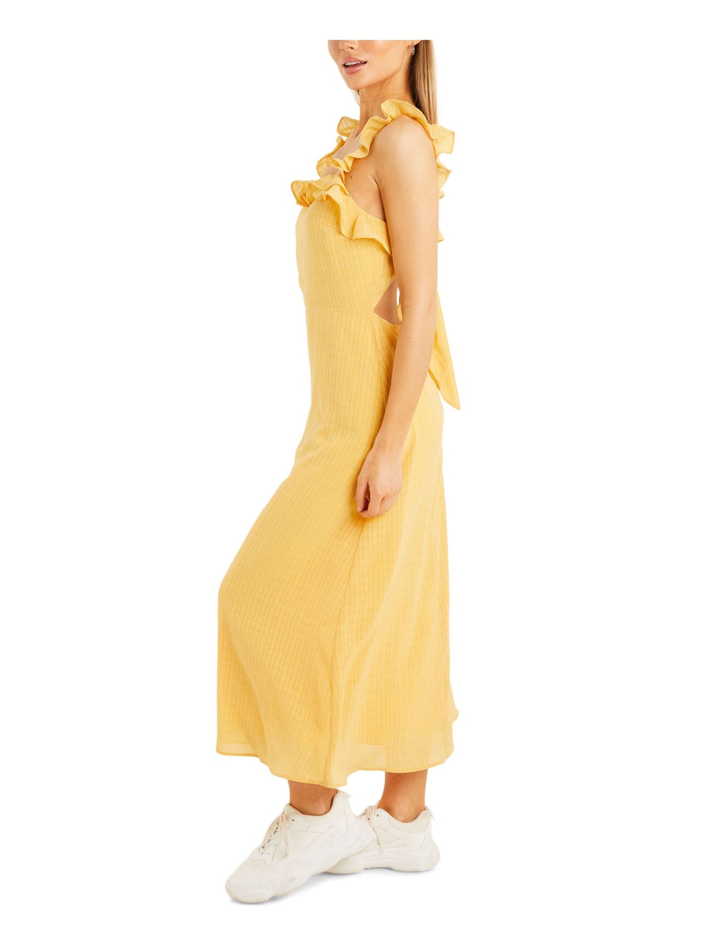 QUIZ Womens Yellow Ruffled Zippered Open Back Tie Detail Lined Sleeveless Square Neck Tea-Length Fit + Flare Dress 4