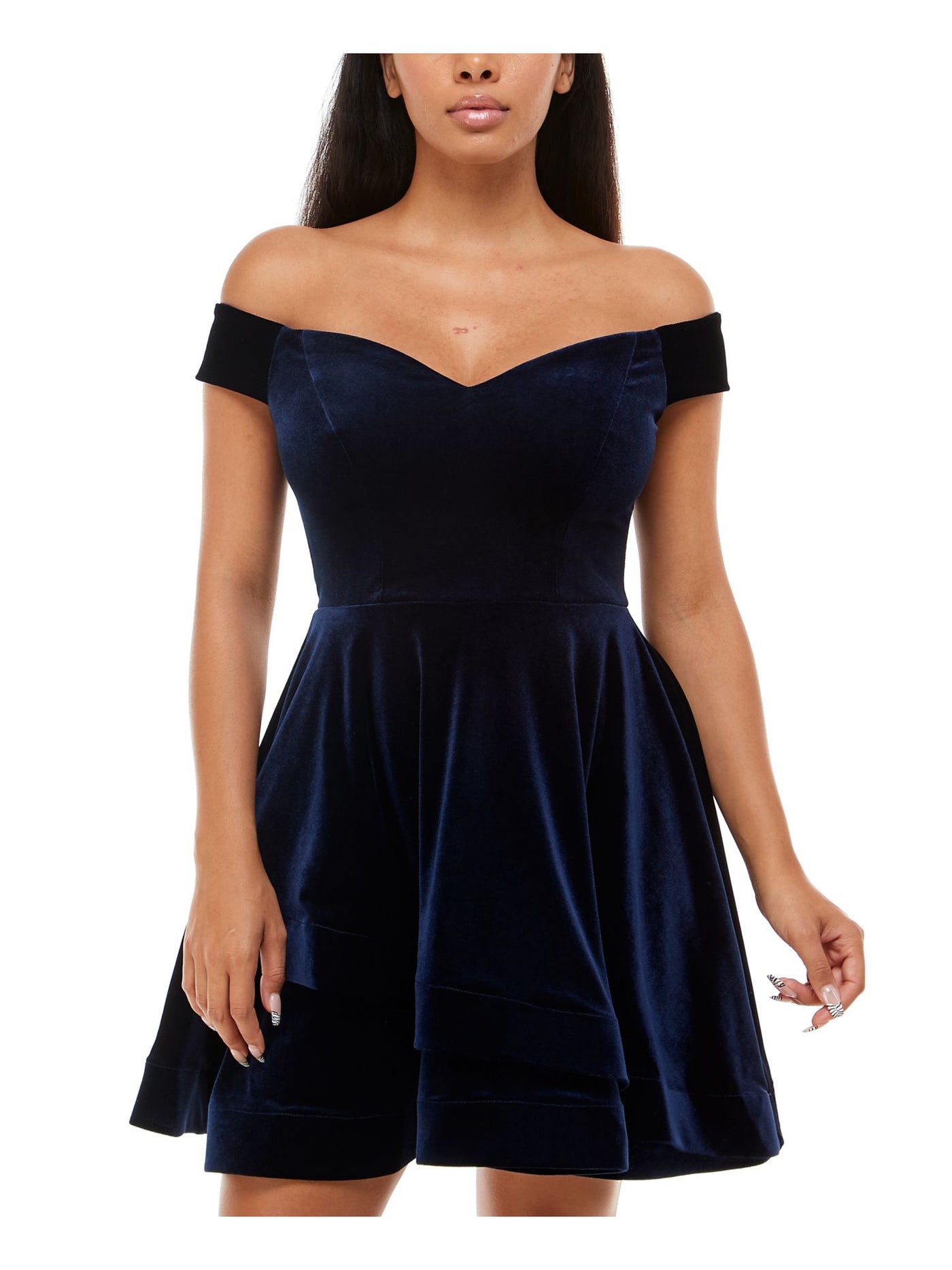 B DARLIN Womens Navy Stretch Zippered Padded Cups Short Sleeve Off Shoulder Short Party Fit + Flare Dress Juniors 11\12