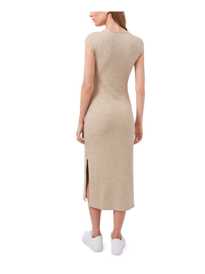 1. STATE Womens Beige Stretch Ribbed Fitted Side Slits Cap Sleeve Crew Neck Maxi Sweater Dress XL