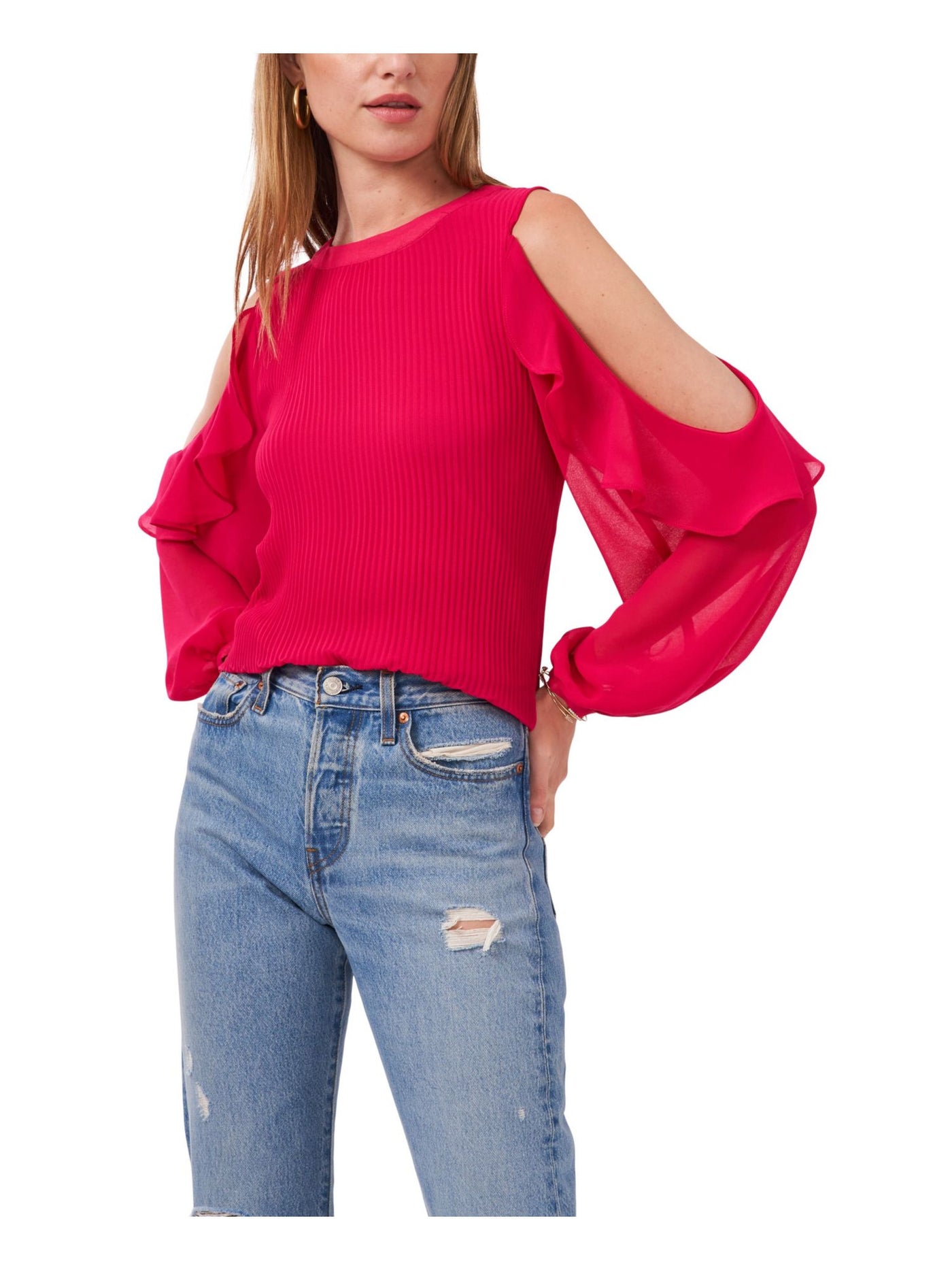 1. STATE Womens Pink Cold Shoulder Sheer Ruffled Accordion Pleat Lined Long Sleeve Jewel Neck Wear To Work Blouse S