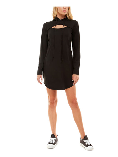 ALMOST FAMOUS Womens Black Stretch Cut Out Drawstring Hood Long Sleeve Crew Neck Above The Knee Fit + Flare Dress Juniors XXS