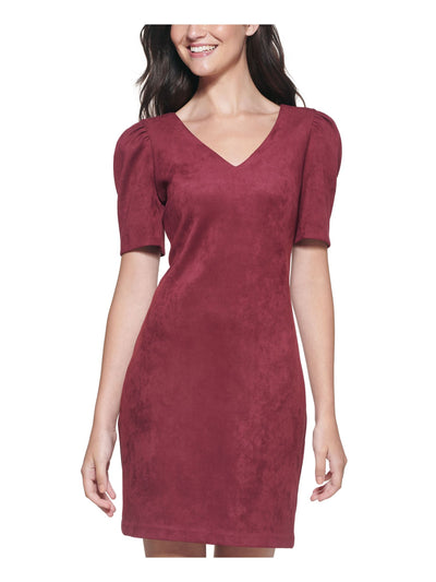 GUESS Womens Maroon Zippered Faux Suede Pouf Sleeve V Neck Above The Knee Cocktail Sheath Dress 0