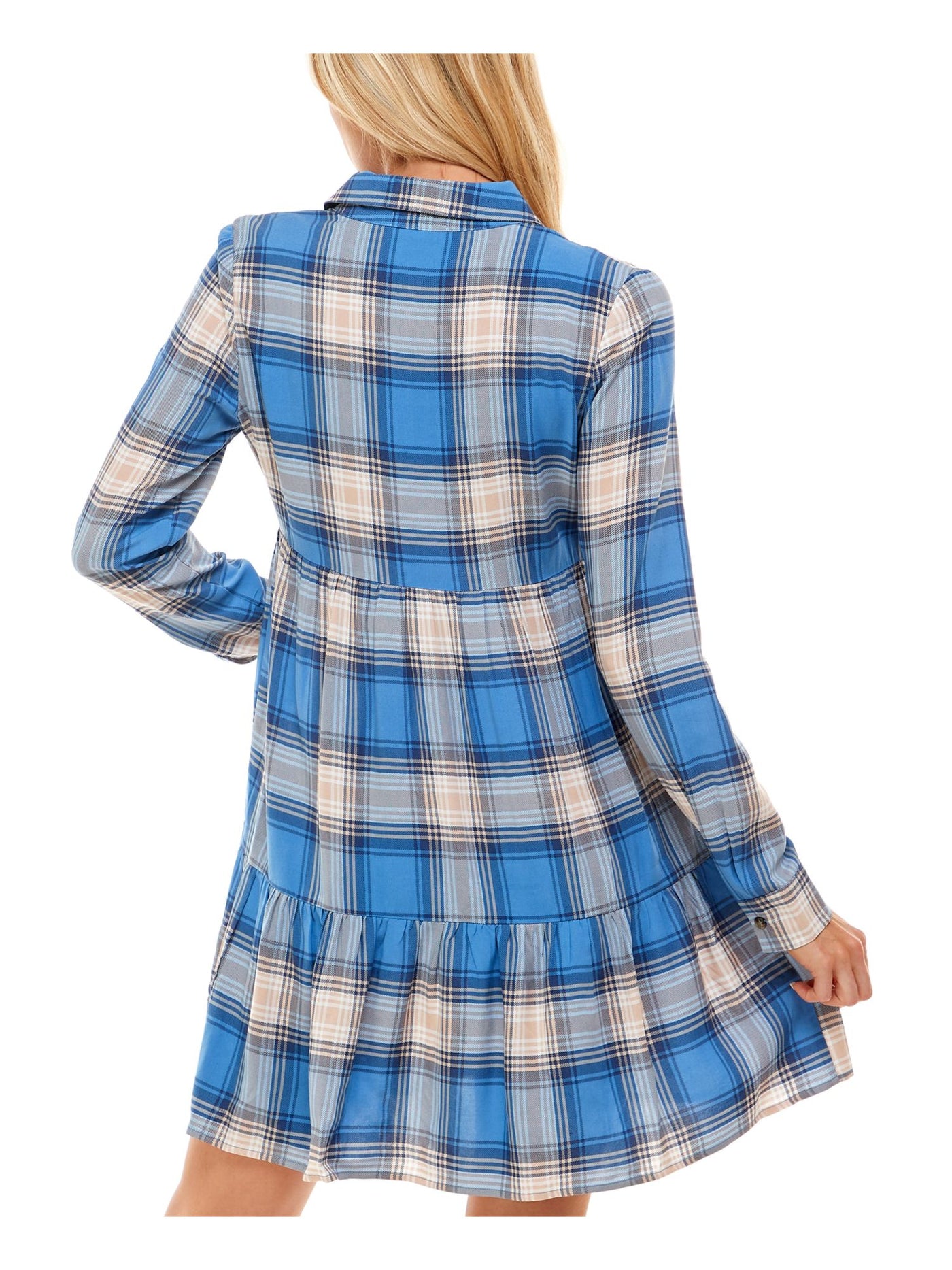 ULTRA FLIRT Womens Blue Plaid Cuffed Sleeve Point Collar Short Fit + Flare Dress Juniors XS