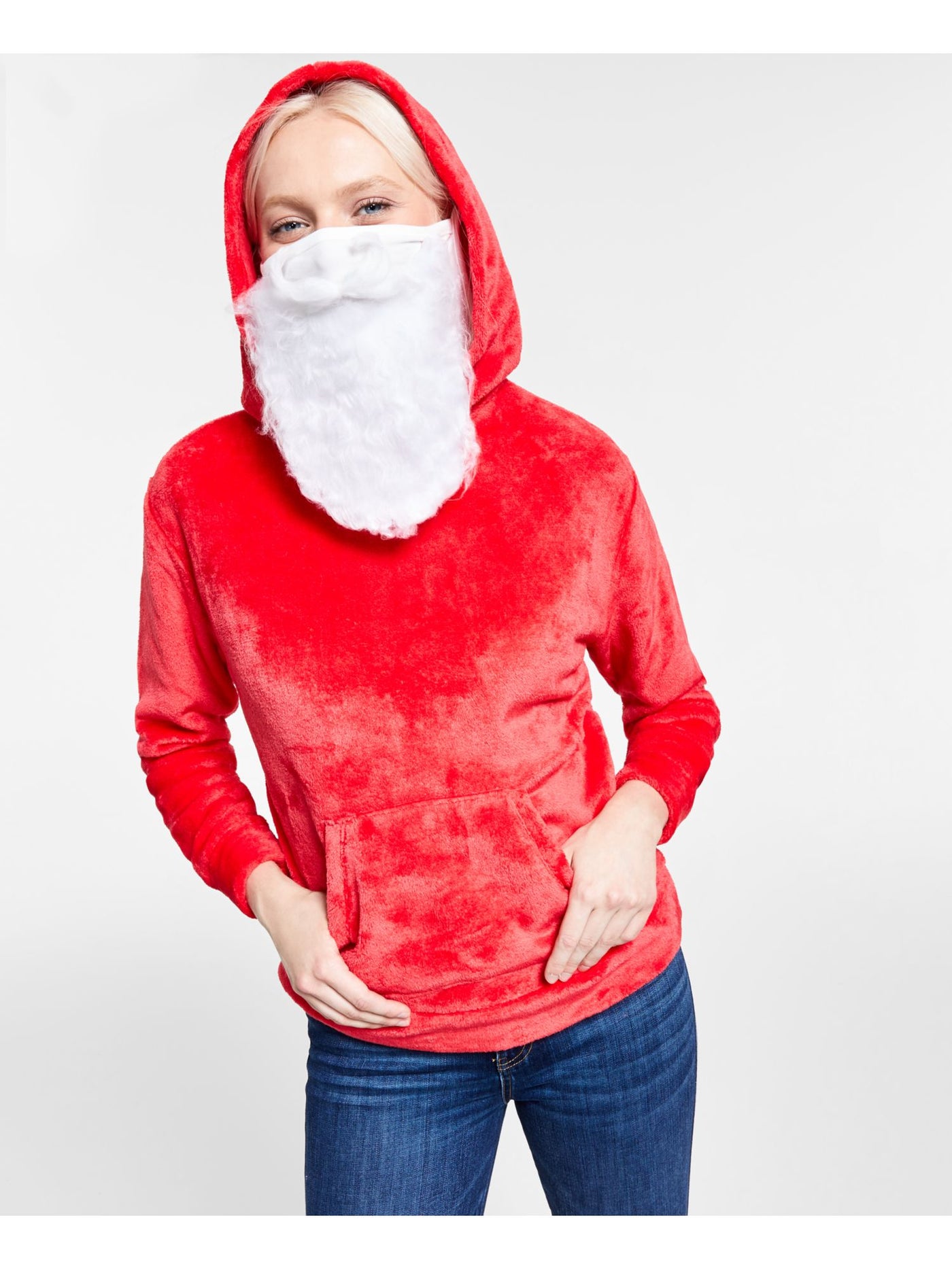 PLANET GOLD Womens Red Fleece Embellished Pocketed Santa Beard Face Covering Long Sleeve Collarless Holiday Hoodie Top Juniors S