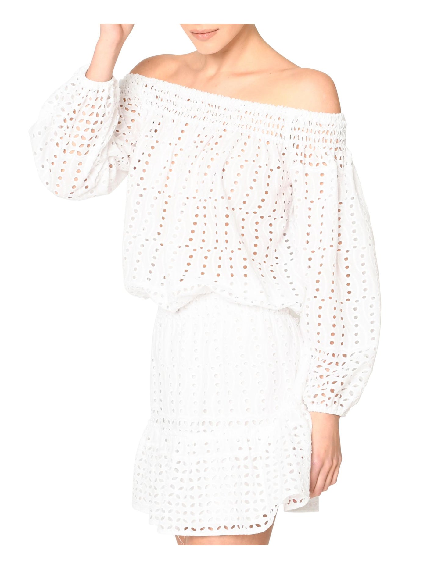 NICOLE MILLER Womens White Stretch Eyelet Smocked Embroidered Scalloped Lined Long Sleeve Off Shoulder Mini Fit + Flare Dress M