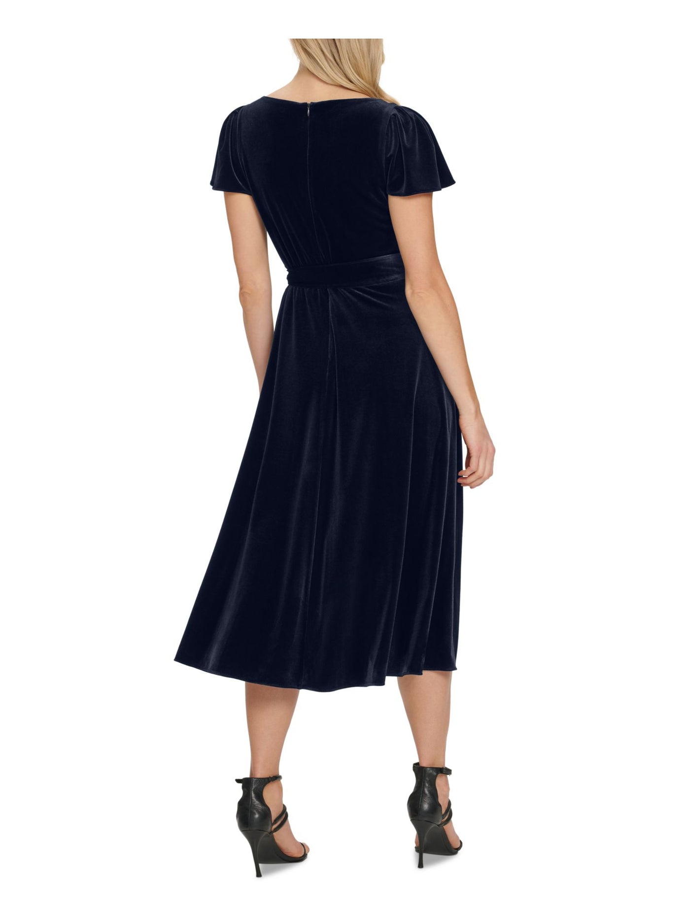 DKNY Womens Black Stretch Zippered Tie Velvet Lined Polka Dot Pouf Sleeve Surplice Neckline Above The Knee Evening Fit + Flare Dress 14