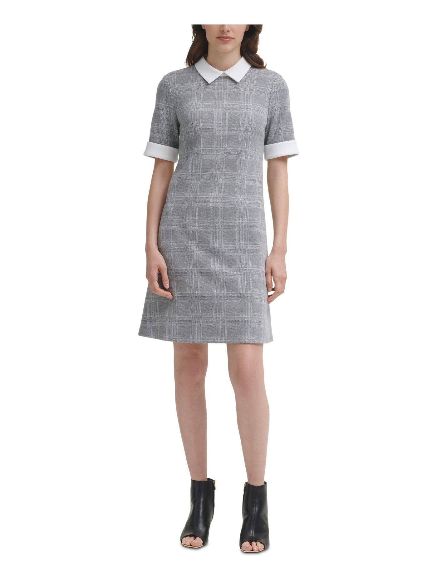 DKNY Womens Gray Stretch Zippered Plaid Short Sleeve Point Collar Above The Knee Wear To Work Shirt Dress 6