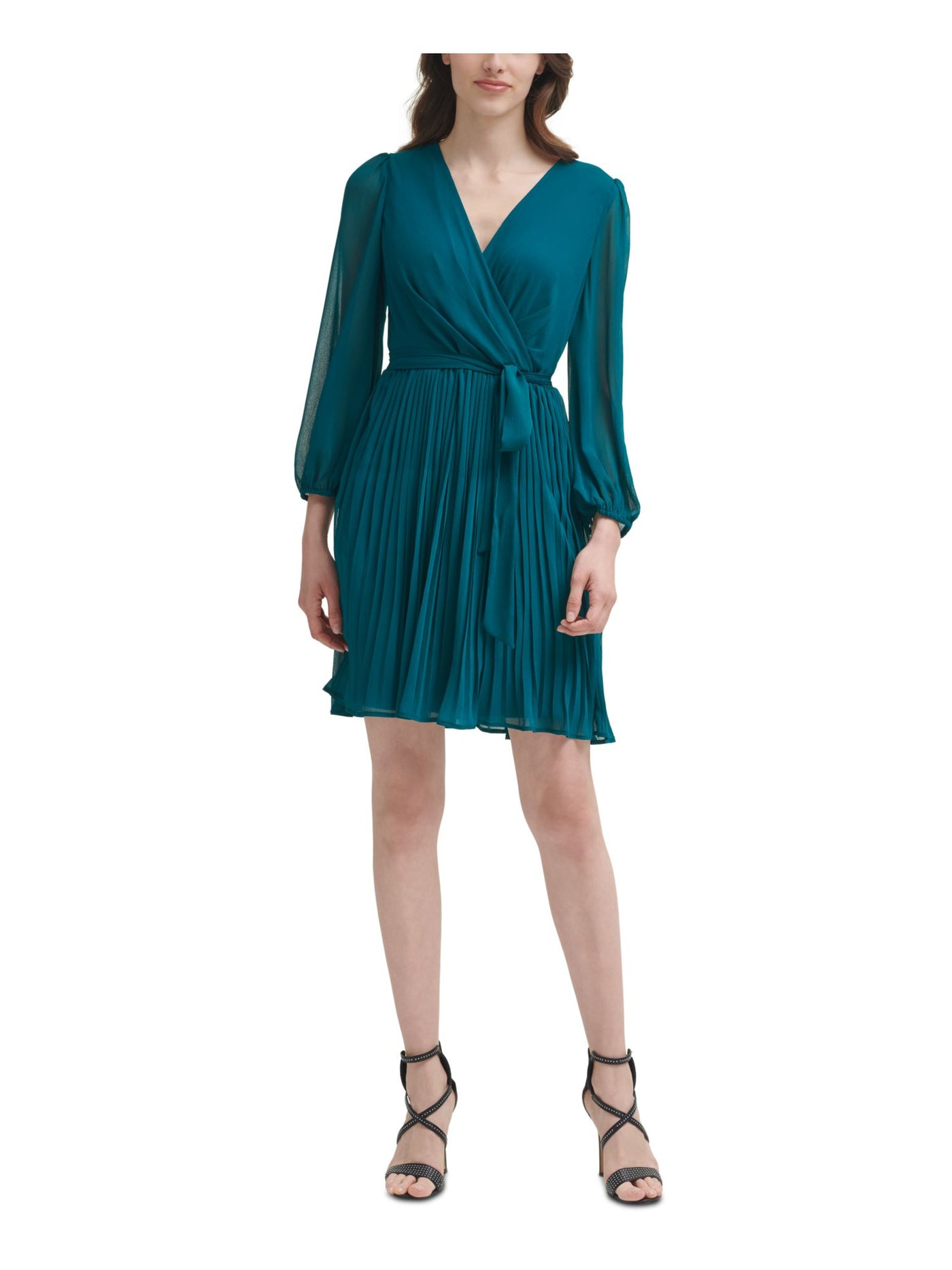 DKNY Womens Teal Tie Zippered Balloon Sleeve Surplice Neckline Above The Knee Cocktail Knife Pleated Dress 14