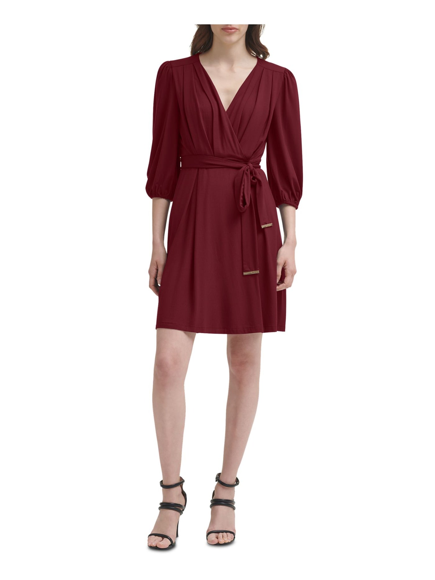 DKNY Womens Burgundy Zippered Self Tie Belted Waist Lined 3/4 Sleeve V Neck Above The Knee Party Faux Wrap Dress 6