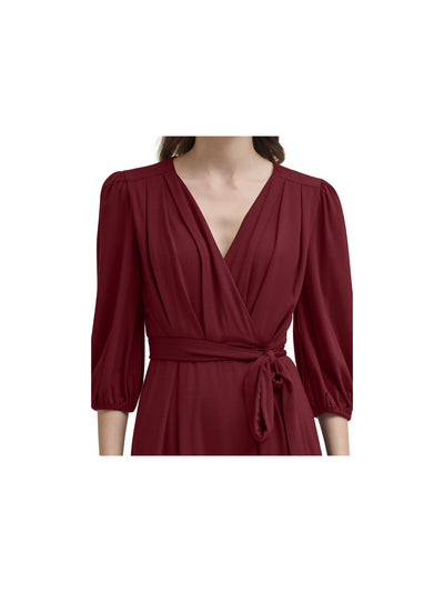 DKNY Womens Burgundy Zippered Self Tie Belted Waist Lined 3/4 Sleeve V Neck Above The Knee Party Faux Wrap Dress 6
