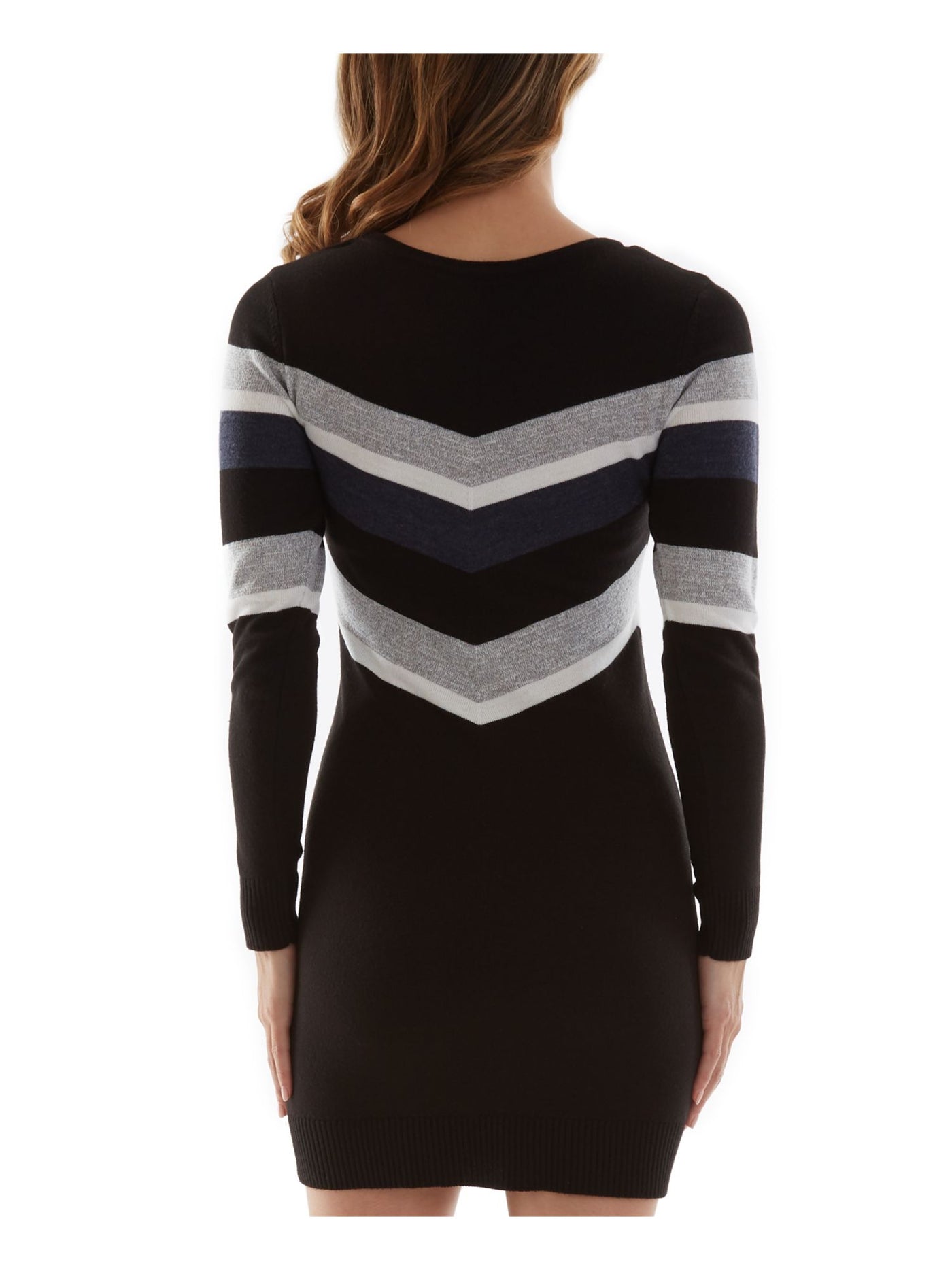 BCX Womens Black Stretch Ribbed Metallic Color Block Long Sleeve Crew Neck Short Sweater Dress Juniors XXS