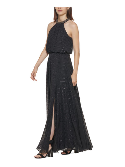 CALVIN KLEIN Womens Black Embellished Zippered Thigh High Slit Sleeveless Halter Full-Length Formal Gown Dress 6