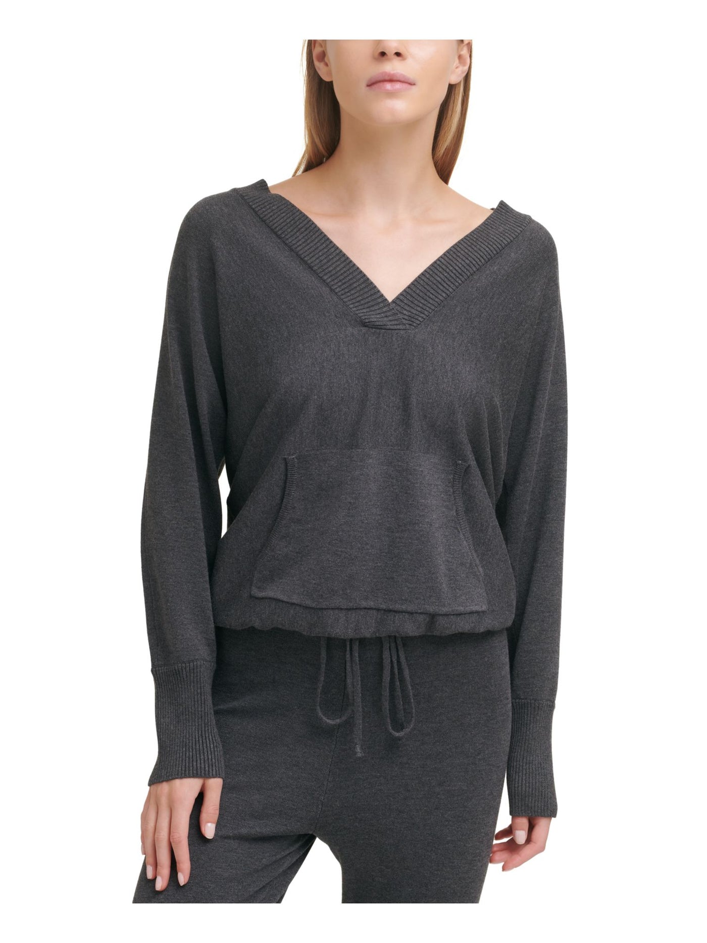DKNY Womens Gray Ribbed Pocketed Drawstring-waist Long Sleeve V Neck Sweater S