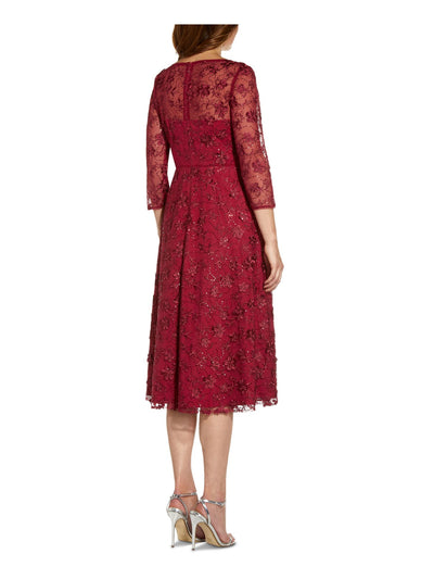 ADRIANNA PAPELL Womens Red Sequined Sheer Zippered Lined 3/4 Sleeve Boat Neck Below The Knee Evening Fit + Flare Dress 0
