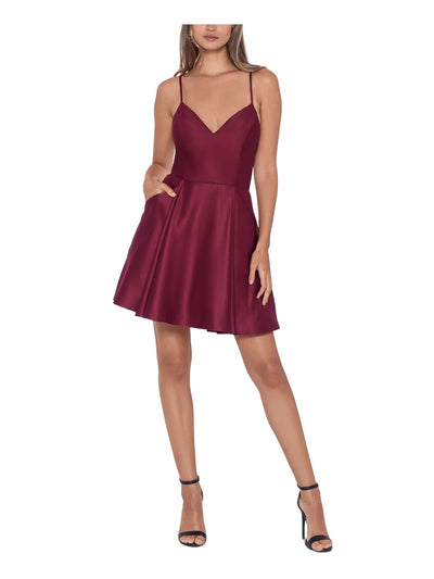 BLONDIE Womens Burgundy Zippered Pocketed Lace Back Pleated Skirt Spaghetti Strap V Neck Above The Knee Party Fit + Flare Dress Juniors 7