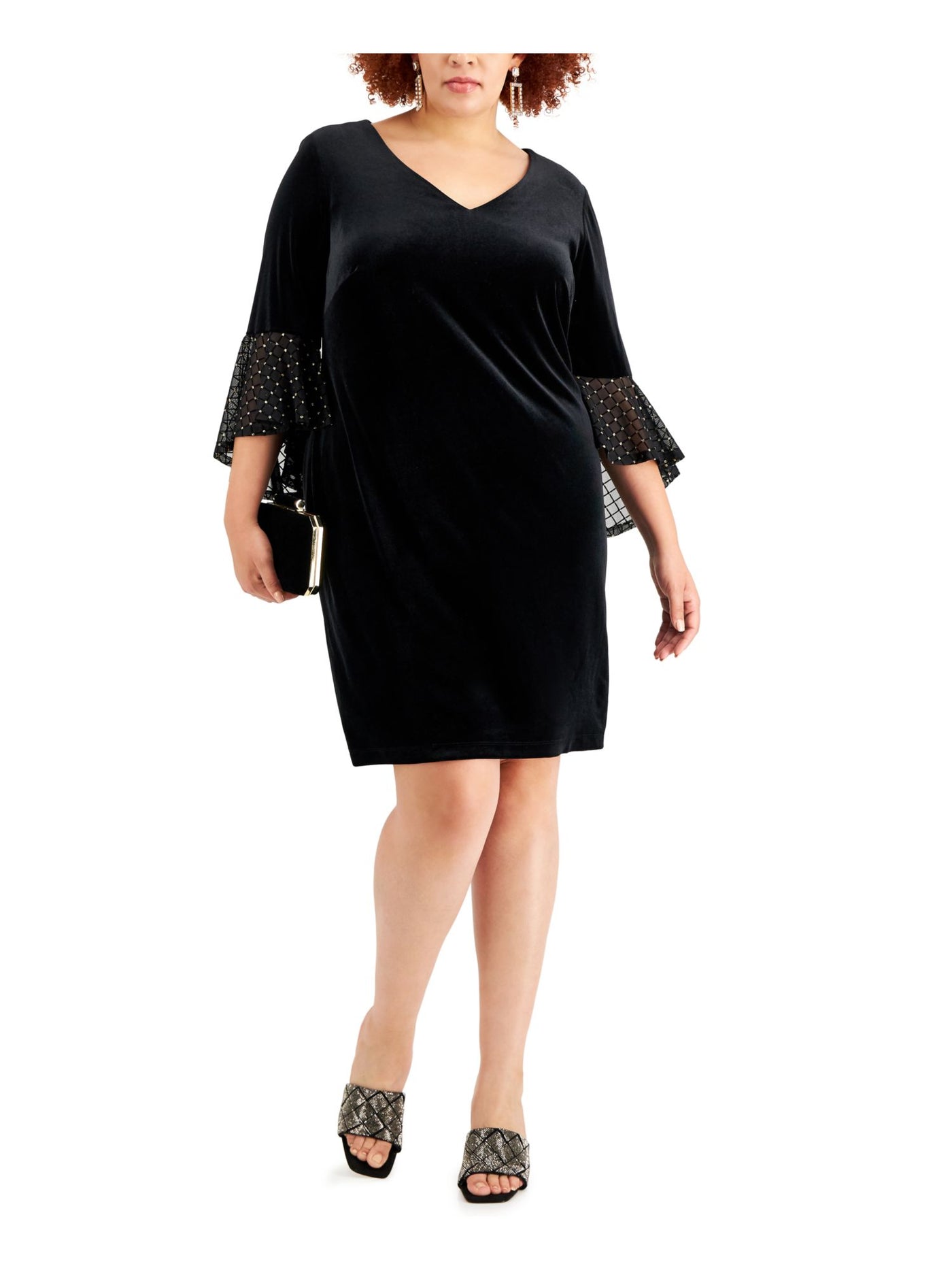 CONNECTED APPAREL Womens Black Stretch Embellished Ruffled Velvet Pullover 3/4 Sleeve V Neck Above The Knee Party Sheath Dress Plus 24W