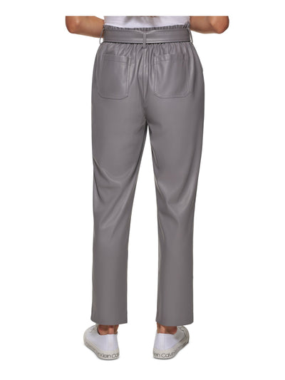 CALVIN KLEIN Womens Silver Faux Leather Zippered Pocketed Betled Pants L