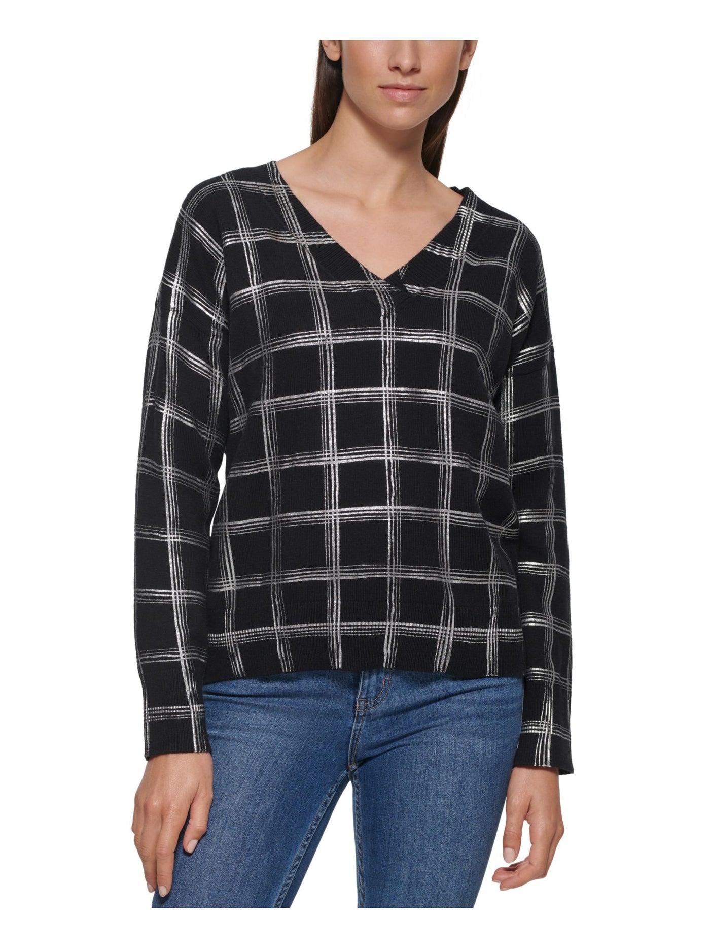 CALVIN KLEIN Womens Black Metallic Rib-knit Trim Plaid Long Sleeve V Neck Wear To Work Sweater XL
