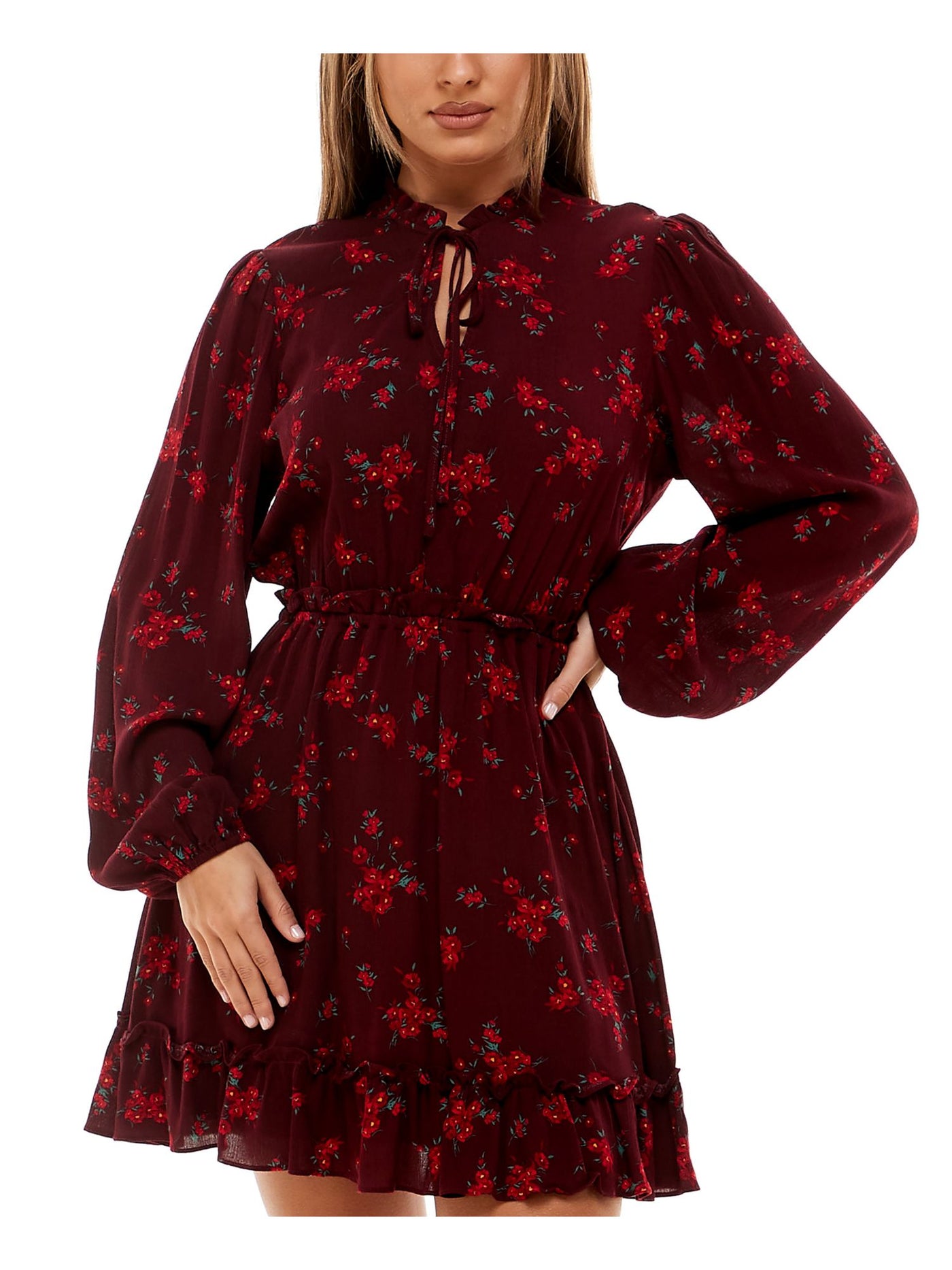 B DARLIN Womens Burgundy Ruffled Split Neck With Tie Floral Long Sleeve Short Party Fit + Flare Dress Juniors 15\16