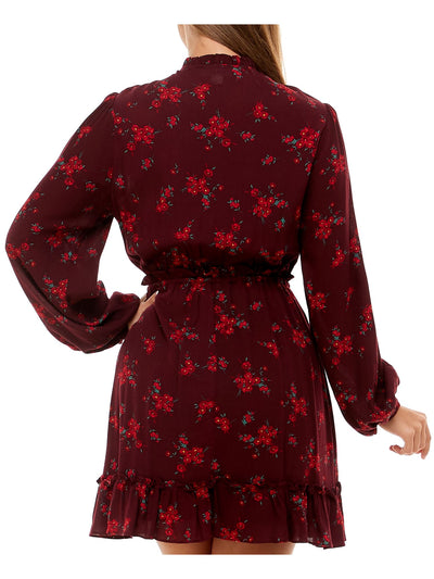 B DARLIN Womens Burgundy Ruffled Split Neck With Tie Floral Long Sleeve Short Party Fit + Flare Dress Juniors 15\16