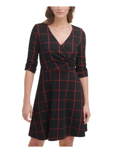 DKNY Womens Black Ruched Zippered Tie At Waist Button Sleeves Elbow Sleeve Surplice Neckline Above The Knee Wear To Work Fit + Flare Dress 2