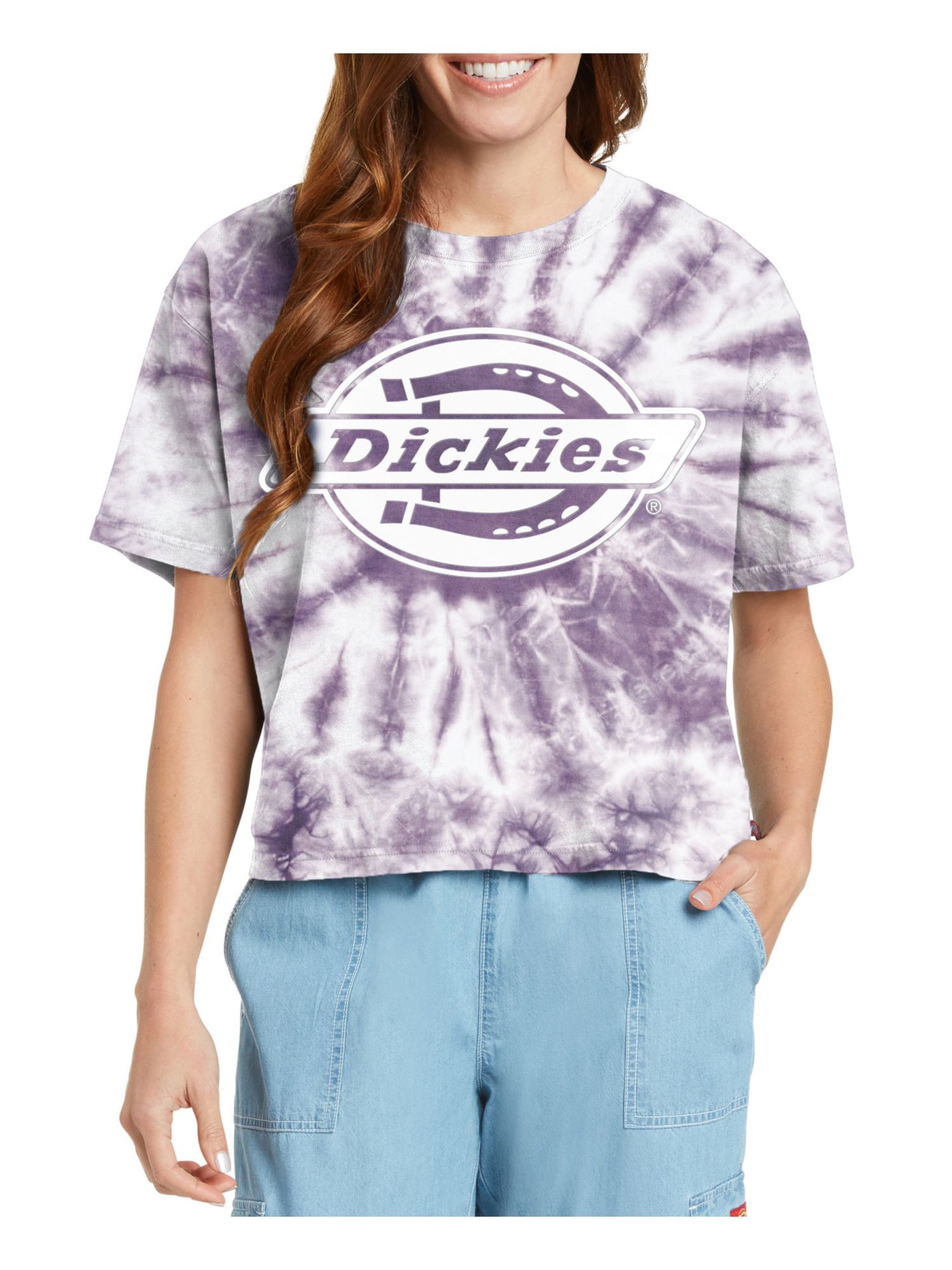 DICKIES Womens Purple Short Length Relaxed Fit Tie Dye Short Sleeve Crew Neck T-Shirt Juniors S