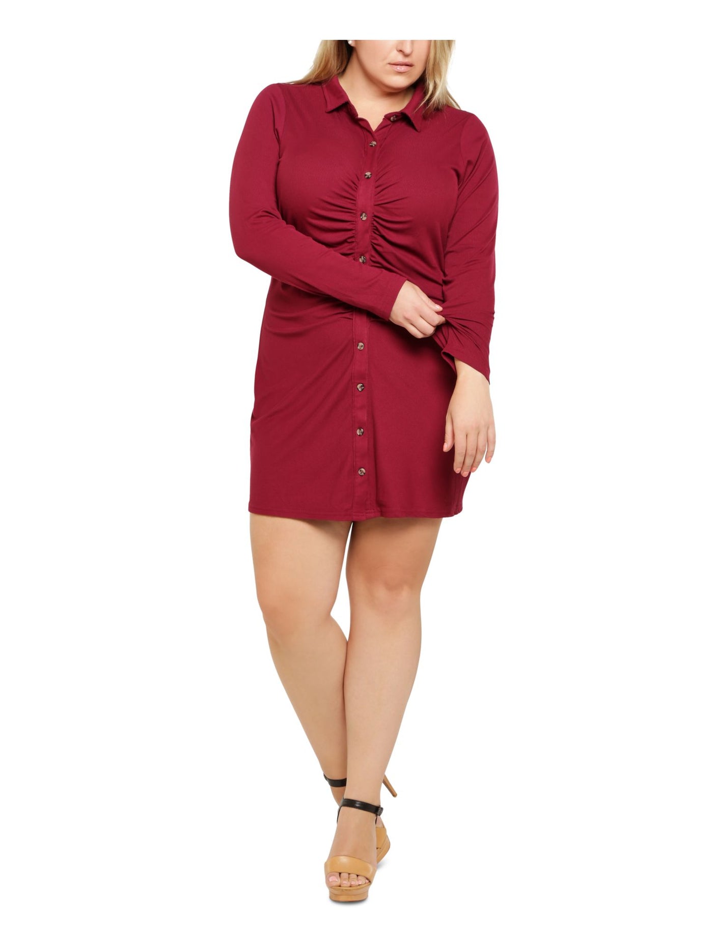 ULTRA FLIRT Womens Maroon Ribbed Ruched Button Front Long Sleeve Collared Short Body Con Dress Plus 1X