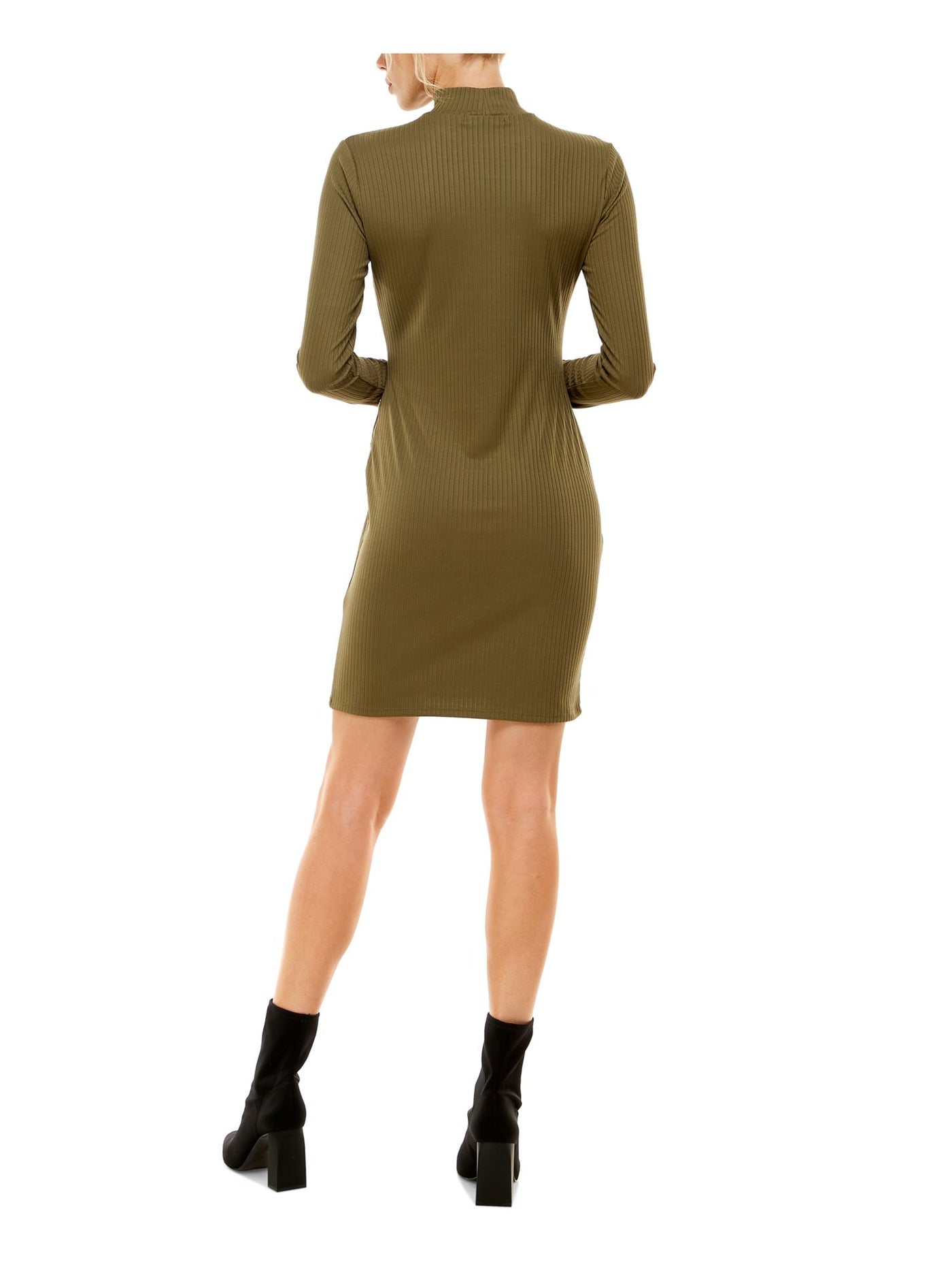 PLANET GOLD Womens Green Ribbed Slitted Snap Side Detail Jersey Knit Long Sleeve Mock Neck Above The Knee Cocktail Body Con Dress Juniors L