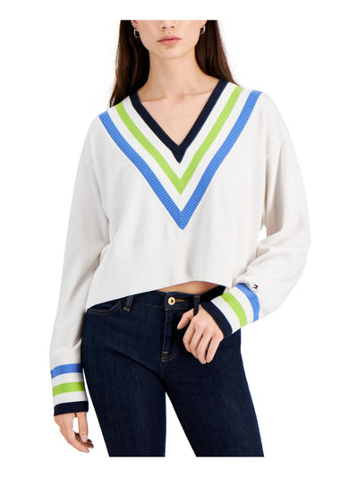 TOMMY HILFIGER Womens White Cotton Blend Ribbed Striped Cuffed Sleeve V Neck Sweater S