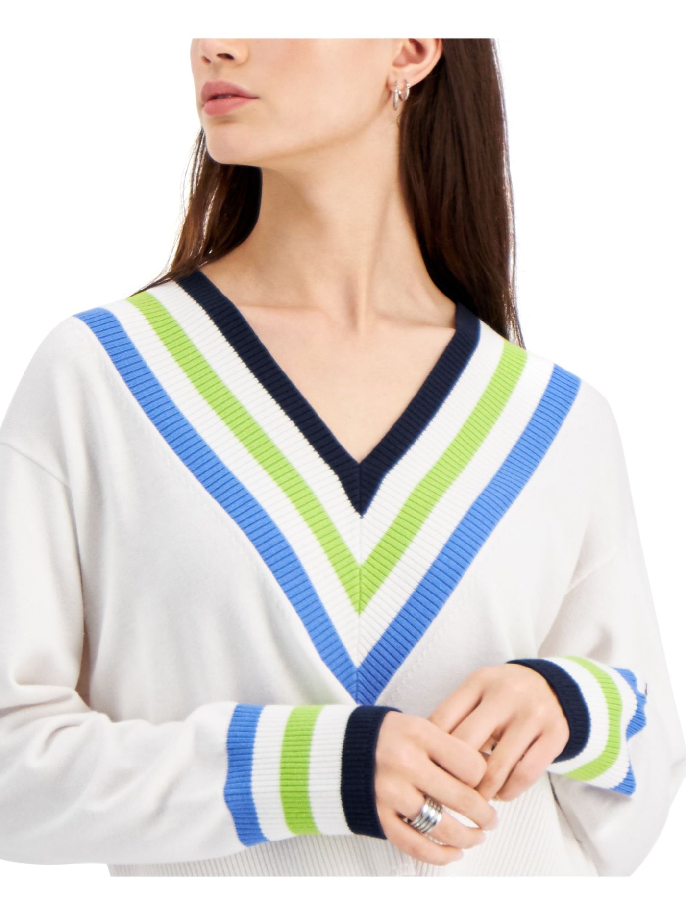 TOMMY HILFIGER Womens White Cotton Blend Ribbed Striped Cuffed Sleeve V Neck Sweater S