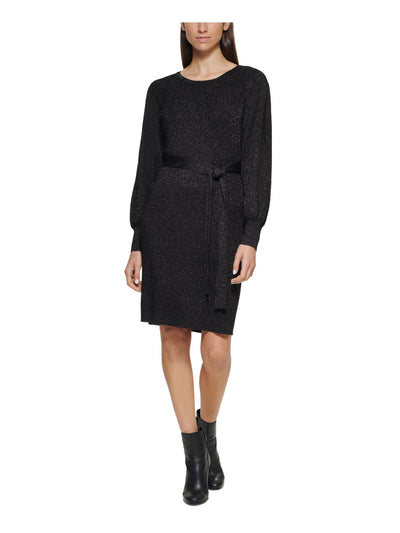 CALVIN KLEIN Womens Black Knit Metallic Ribbed Belted Long Sleeve Round Neck Above The Knee Party Sweater Dress S