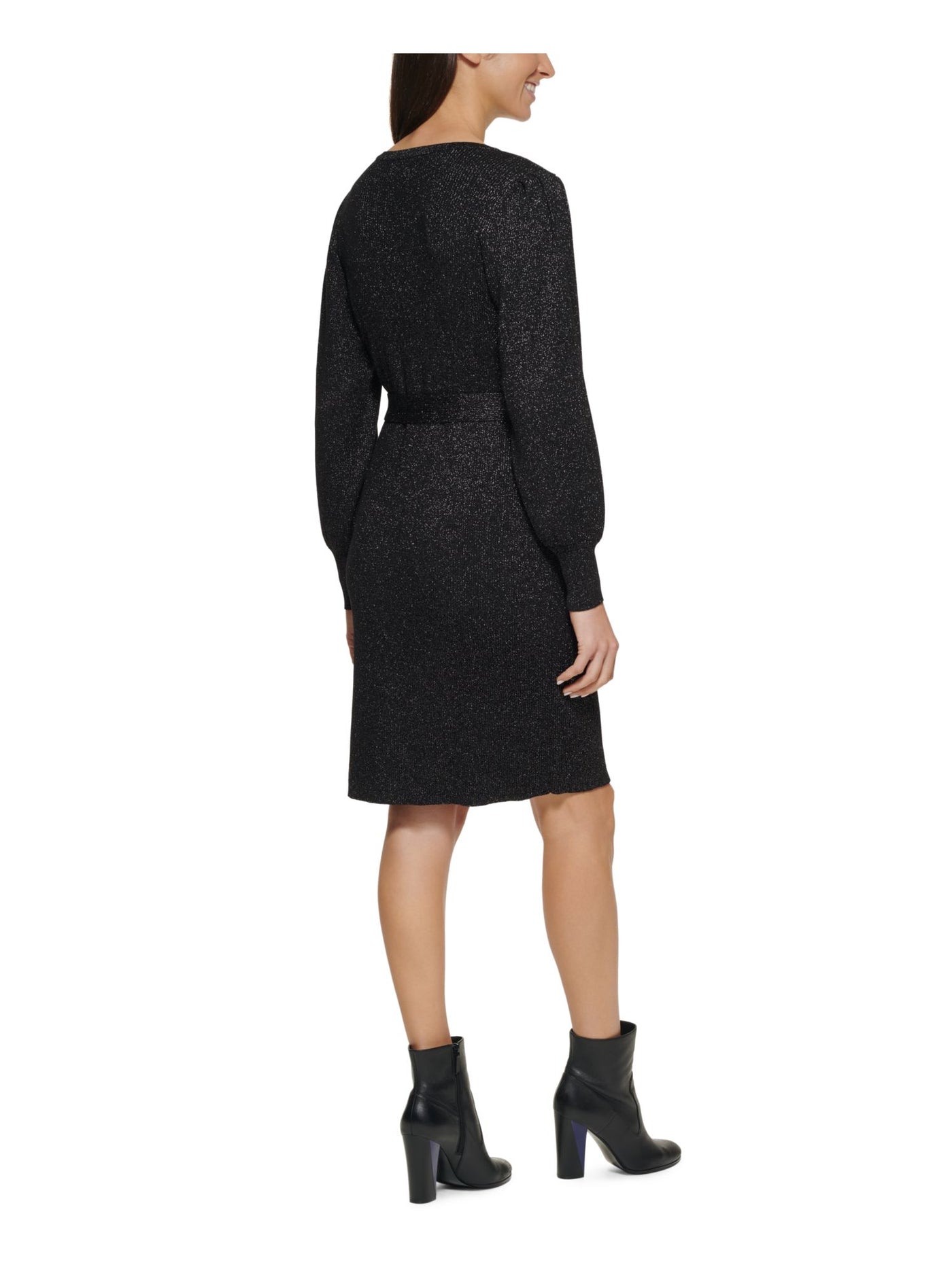 CALVIN KLEIN Womens Black Knit Metallic Ribbed Belted Long Sleeve Round Neck Above The Knee Party Sweater Dress S