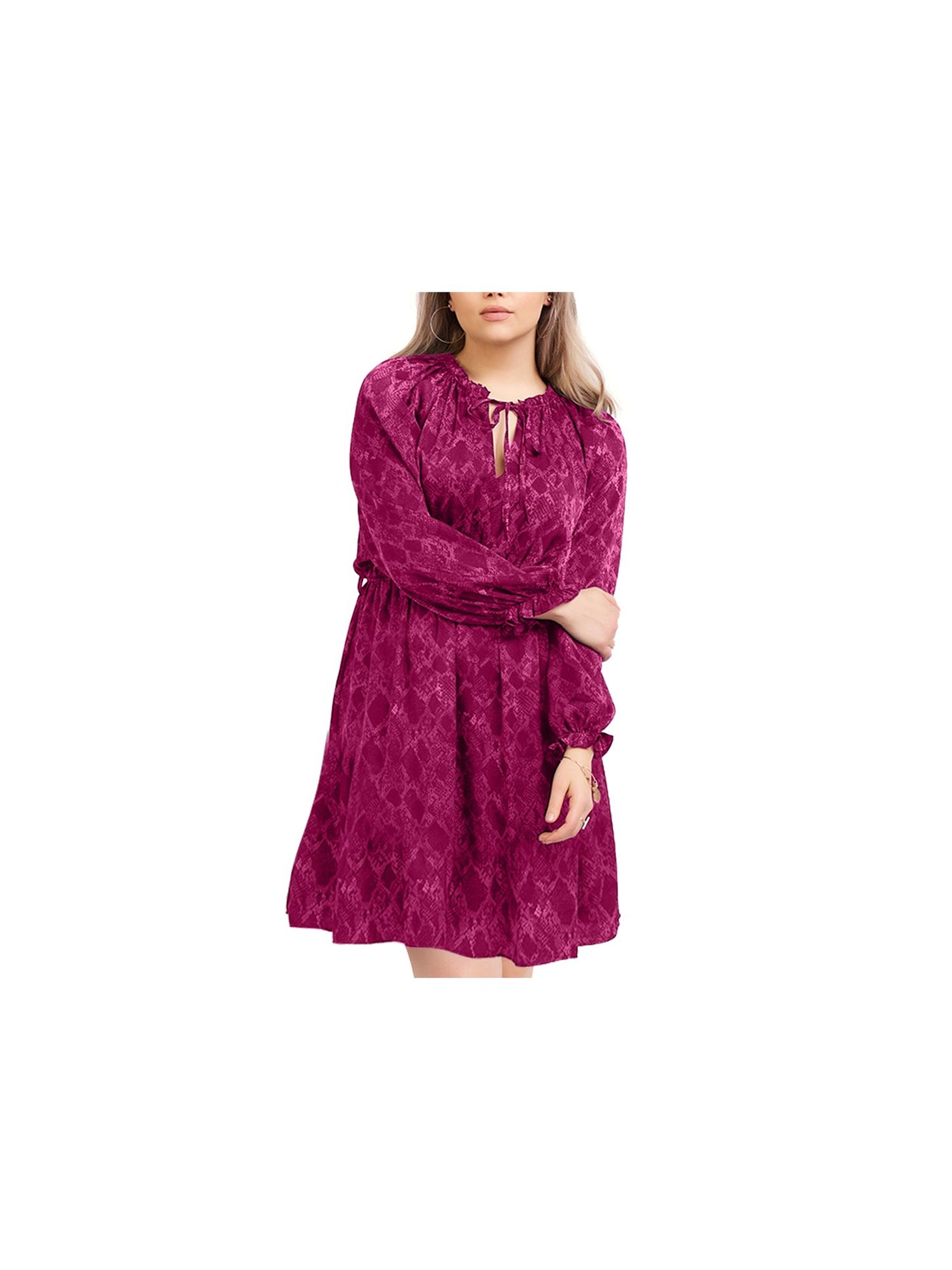 BLACK LABEL Womens Purple Tie Ruffled Pull-over Style Printed Blouson Sleeve Split Above The Knee Wear To Work Fit + Flare Dress Plus X