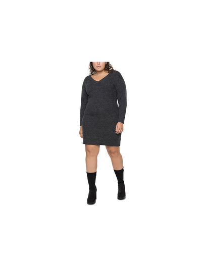 BLACK TAPE Womens Gray Textured Ribbed Long Sleeve V Neck Above The Knee Shift Dress X