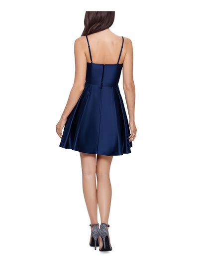 BLONDIE NITES Womens Navy Embellished Zippered Adjustable Straps Partially Line Sleeveless Sweetheart Neckline Short Party Fit + Flare Dress Juniors 15