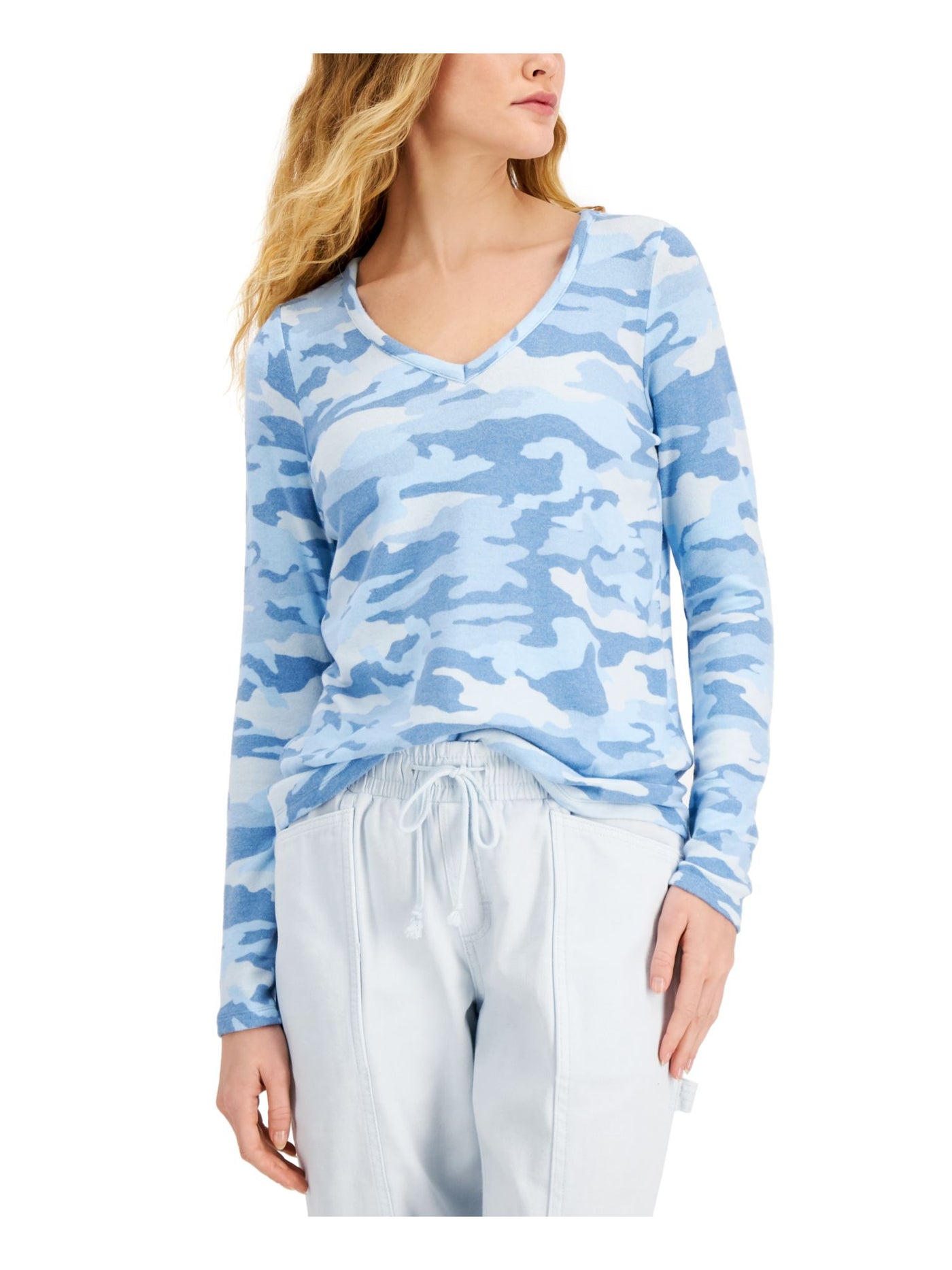 STYLE & COMPANY Womens Light Blue Stretch Camouflage Long Sleeve V Neck Sweater Petites PXL