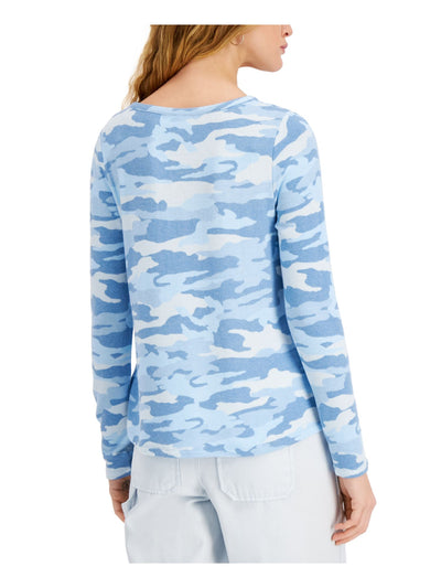 STYLE & COMPANY Womens Light Blue Stretch Camouflage Long Sleeve V Neck Sweater Petites PXL