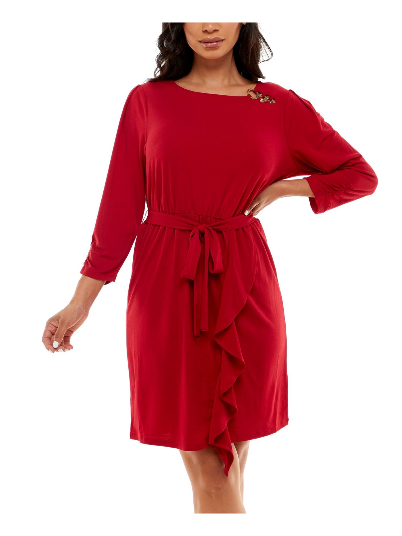 ADRIENNE VITTADINI Womens Red Stretch Tie 3/4 Sleeve Round Neck Above The Knee Cocktail Fit + Flare Dress S