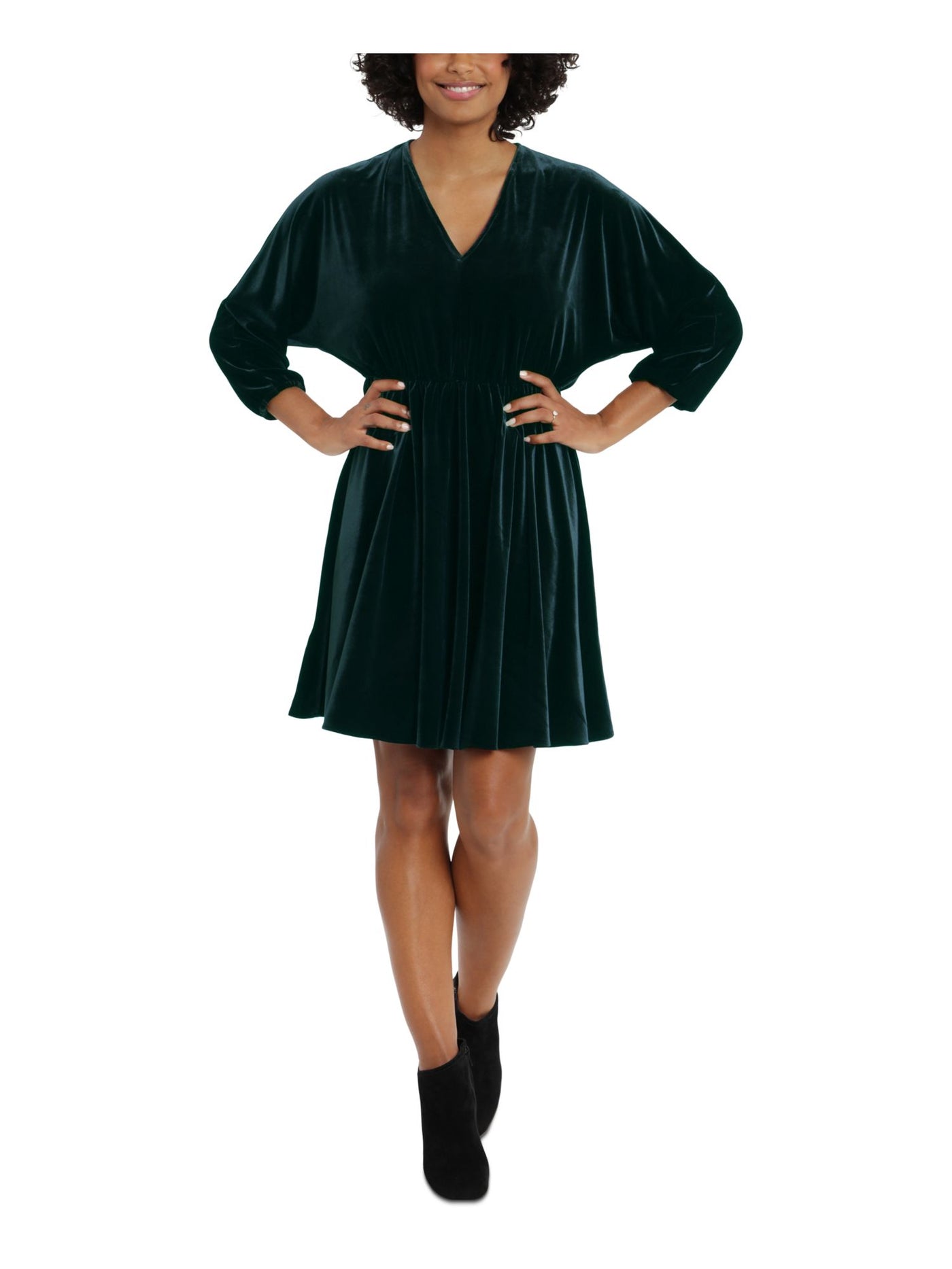 LONDON TIMES Womens Green Dolman Sleeve V Neck Above The Knee Party Fit + Flare Dress Petites XSP
