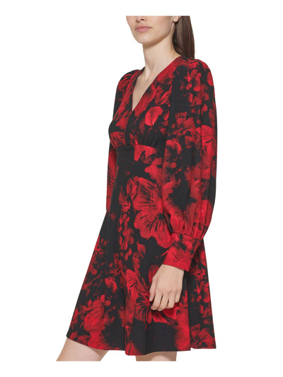 CALVIN KLEIN Womens Red Stretch Gathered Zippered Button Cuffs Floral Blouson Sleeve V Neck Short Wear To Work Fit + Flare Dress Petites 0P