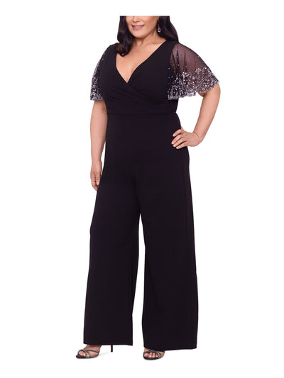 BETSY & ADAM Womens Black Stretch Embellished Zippered Pleated Flutter Sleeve V Neck Party Wide Leg Jumpsuit Plus 22W