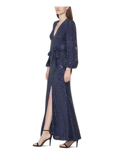 VINCE CAMUTO Womens Navy Sequined Zippered Shoulder Pads Blouson Sleeve V Neck Full-Length Evening Gown Dress Petites 2