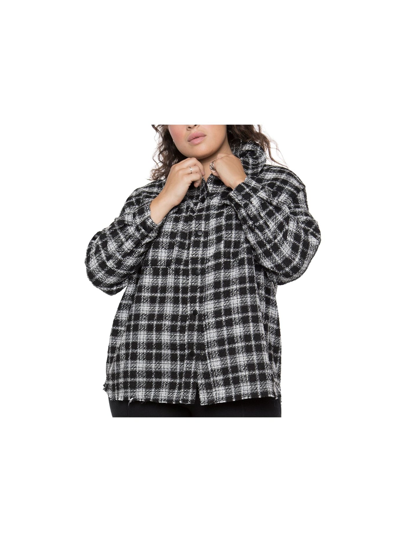 BLACK TAPE Womens Black Pocketed Frayed Plaid Long Sleeve Point Collar Button Up Top Plus X