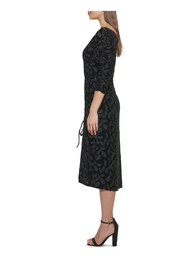 KENSIE Womens Black Stretch Tie Printed V Neck Midi Wear To Work Sheath Dress 0