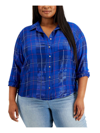 STYLE & COMPANY Womens Blue Metallic Pocketed Curved Hem Plaid Long Sleeve Collared Button Up Top Plus 0X