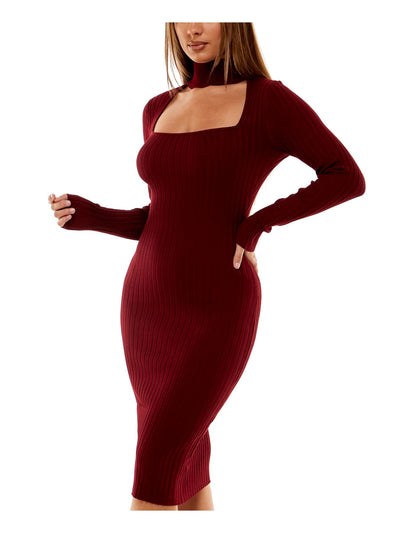 CRAVE FAME Womens Burgundy Ribbed Cut Out Long Sleeve Mock Neck Below The Knee Party Body Con Dress Juniors L