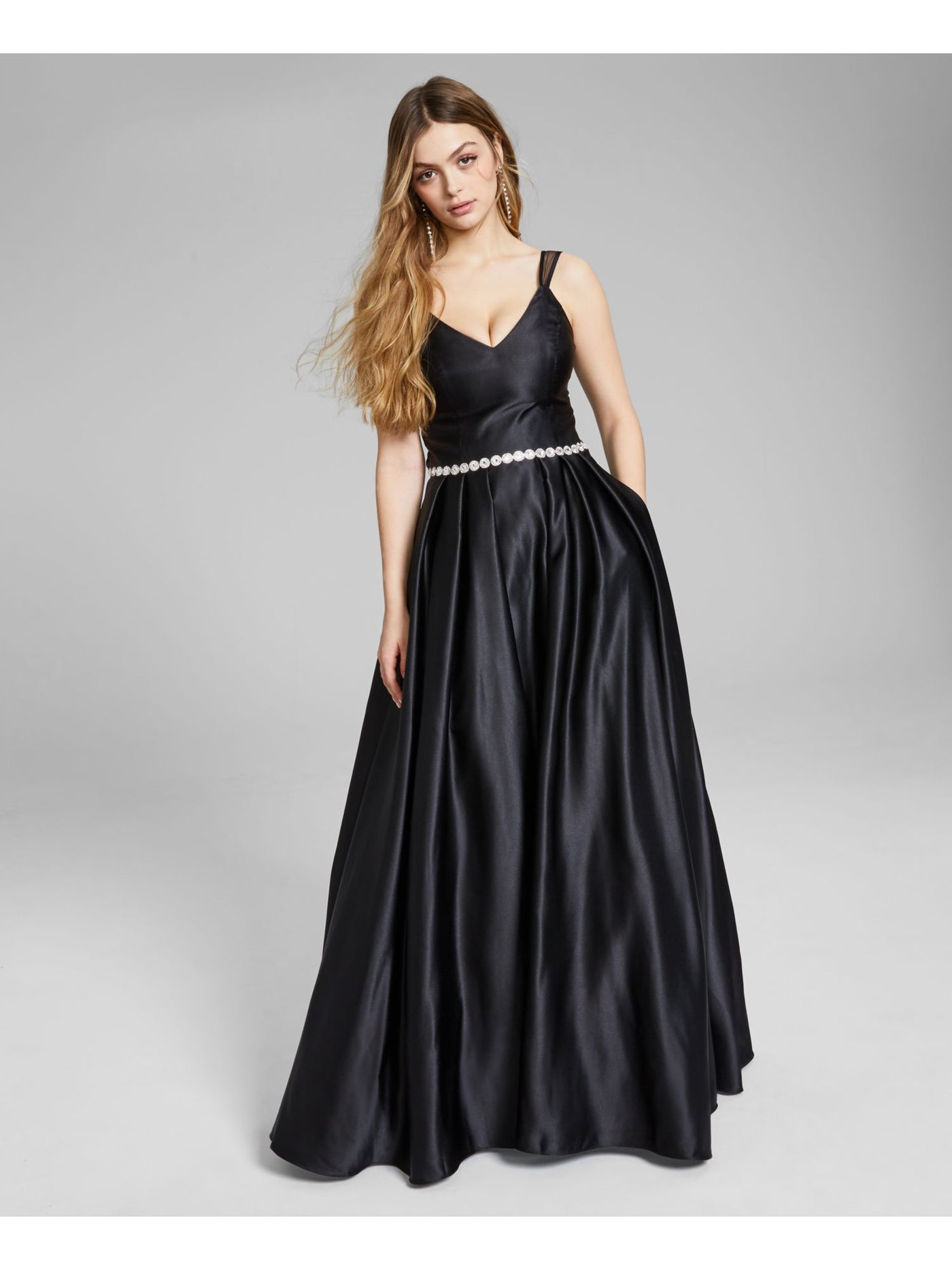 BLONDIE NITES Womens Black Pocketed Zippered Embellished Waist Sheer Straps Sleeveless V Neck Full-Length Prom Gown Dress Juniors 3