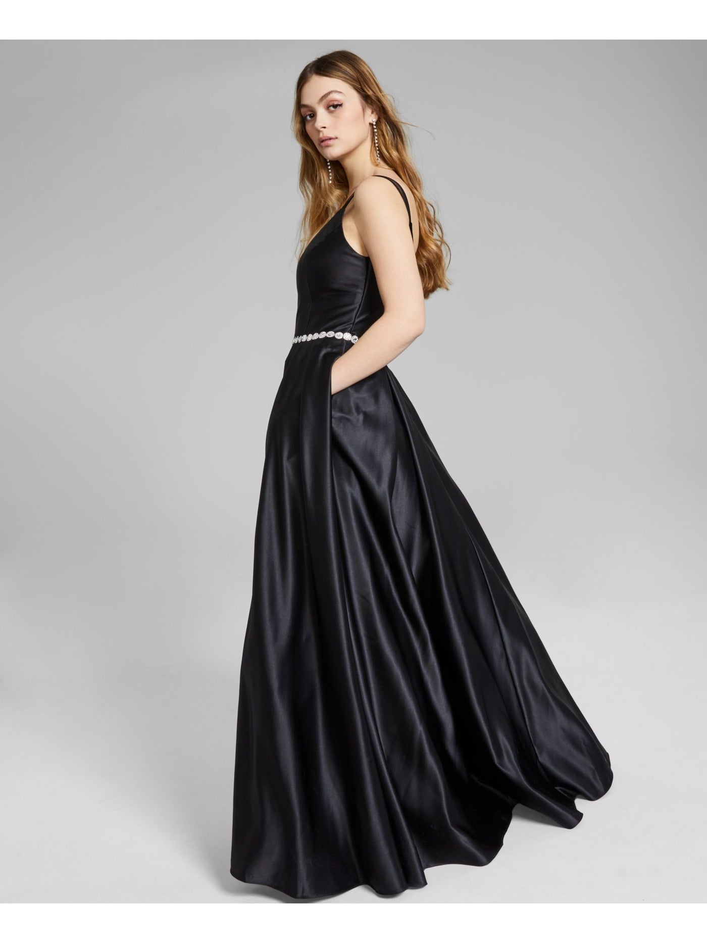 BLONDIE NITES Womens Black Pocketed Zippered Embellished Waist Sheer Straps Sleeveless V Neck Full-Length Prom Gown Dress Juniors 3